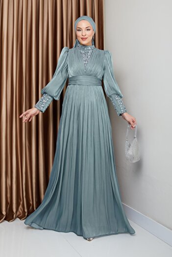 Olcay Sleeves and Front Stone Tessel Yorgo Silk Hijab Evening Dress Water Green 1239