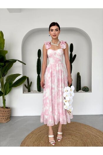 Afiş Butik Pembe Göğüs Cuplu Fırfır Askılı Astarlı Şifon Elbise