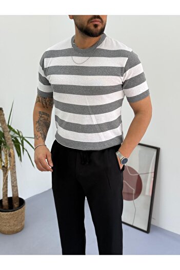 Combineman35 Men's 100% Cotton Striped Knitwear Crew Neck Short Sleeve Tshirt