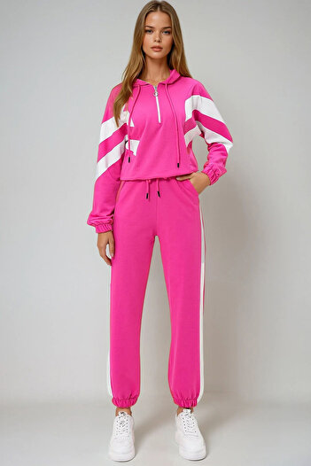 VAGGON Women's Fuchsia Hooded Color Blocked Half Zipper Two Thread Sweatshirt and Sweatpants Set Prmx13092