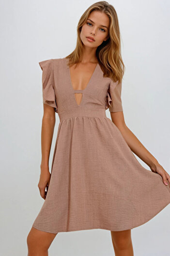 VAGGON Women's Camel V-Neck Sleeves Flounces Back Zipper Aerobin Linen Woven Dress Prmx11854