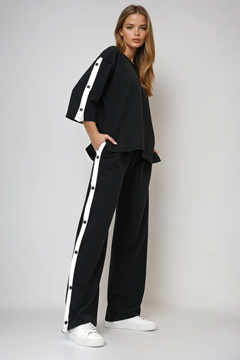VAGGON Women's Black Crew Neck Snap Closure Ili Thread Tracksuit Suit Prmx13486