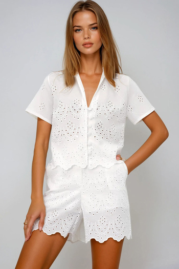 VAGGON Women's White V-Neck Short Sleeve Scallop Shirt and Shorts Set Prmx13437