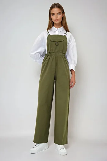 VAGGON Women's Khaki Front Pocket Strap Ring Detailed Aerobin Salopet Trousers Prmx13581