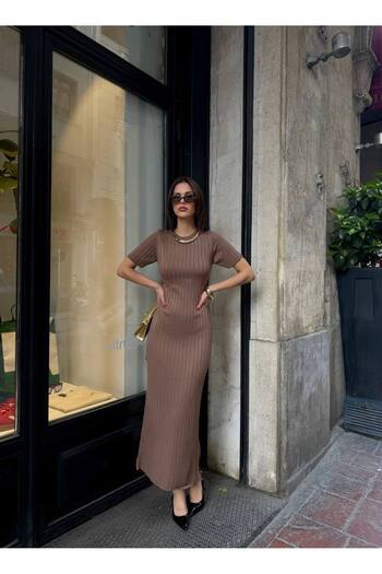 Lusin Women's Brown Corded Short Sleeve Summer Fabric Long Knitwear Dress S/M