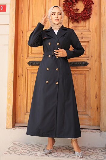 Neva Style Navy Blue Belted Hijab Trench Coat - 61500l