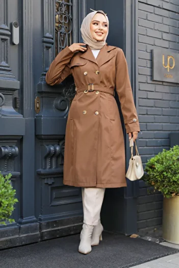 Neva Style Tan Hijab Belted Trench Coat - 60500tb