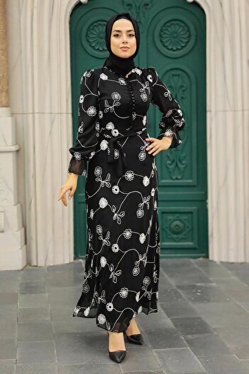 Neva Style Floral Patterned Black Hijab Dress 32944S