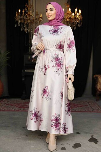 Neva Style Floral Patterned Plum Hijab Dress 60911MU