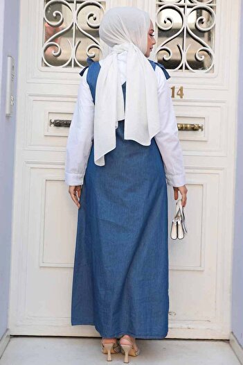 Neva Style Lacivert Tesettür Kot Salopet Elbise 19019L
