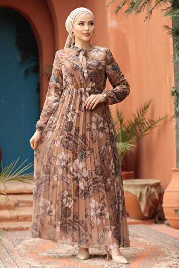 Neva Style Φόρεμα Camel Hijab με λουλούδια 50355C
