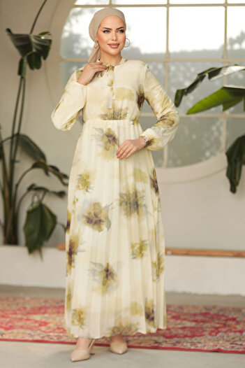 Neva Style Desenli Hardal Tesettür Elbise 50356HR