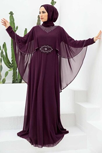Neva Style Purple Hijab Evening Dress with Cape 91501Purple