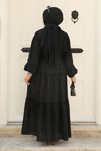 Neva Style Kemerli Siyah Tesettür Elbise 14131s