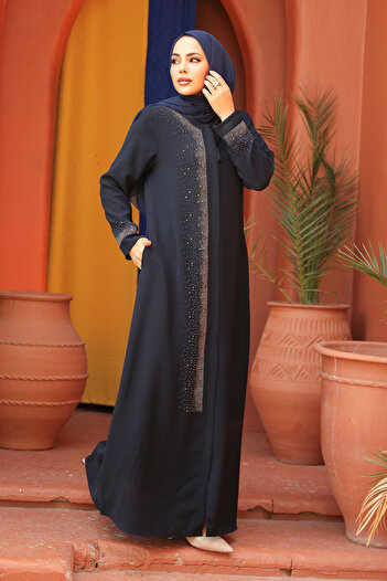 Neva Style Navy Blue Hijab Abaya - Λεπτομέρεια με χάντρες, Μοντέλο 26331L