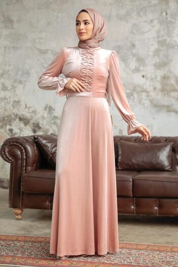 Neva Style Pearl Detailed Salmon Hijab Velvet Dress 37091Smn