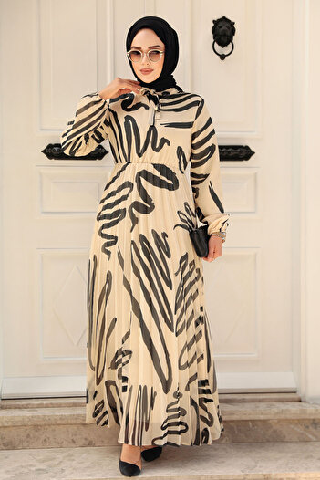 Neva Style Patterned Beige Hijab Dress503502BEIGE