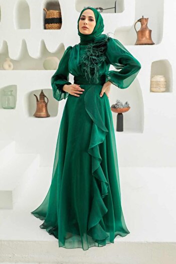Neva Style Flower Detailed Green Hijab Evening Dress 22321Y