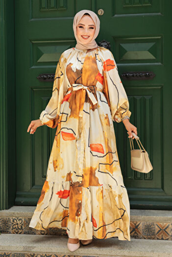 Neva Style Mustard Patterned Hijab Dress - 23156HR