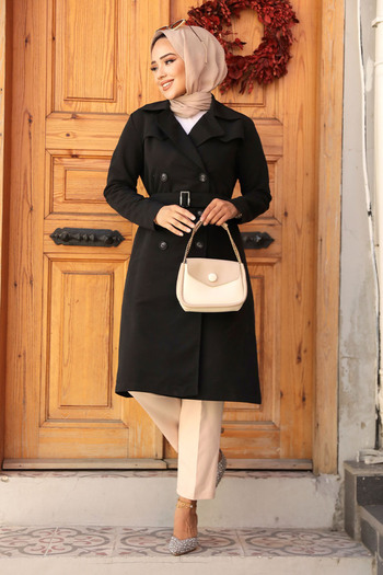 Neva Style Kemerli Siyah Tesettür Trençkot 61221S