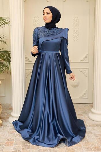 Neva Style Beaded Indigo Blue Hijab Evening Dress 22351ım