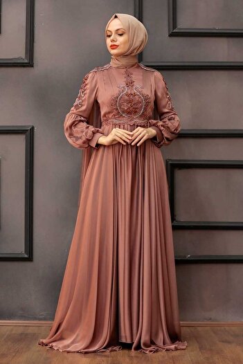 Neva Style Pelerinli Bakır Tesettür Abiye Elbise 2212bkr