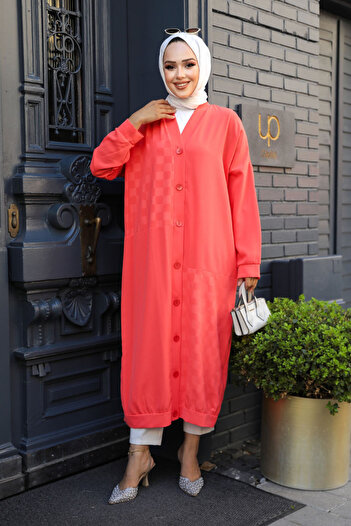 Neva Style Coral Colored Buttoned Hijab Cap - 15161MR