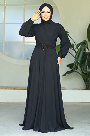 Neva Style Dantel Detaylı Siyah Tesettür Abiye Elbise 3435s