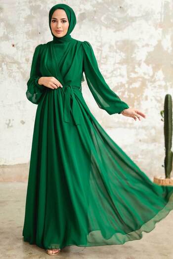 Neva Style Balloon Sleeve Green Hijab Dress 5796Y