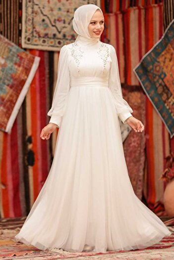 Neva Style Floral Detailed Ecru Hijab Evening Dress 22070E