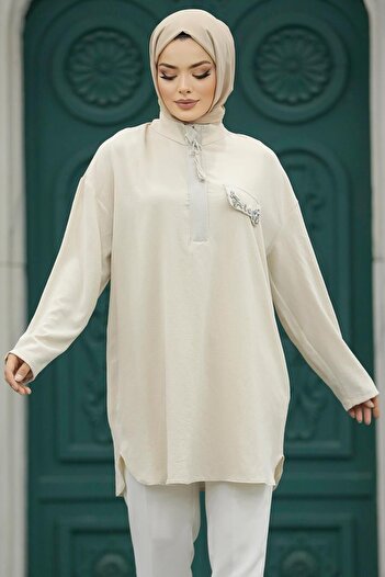 Neva Style Zipper Detailed Beige Hijab Tunic 10224Beige