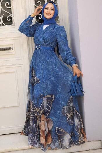 Neva Style Patterned Sax Blue Hijab Evening Dress 39211Sx