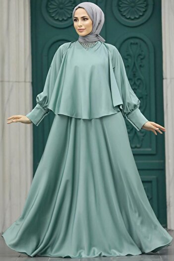 Neva Style Mint Hijab Evening Dress with Cape 6051Mint
