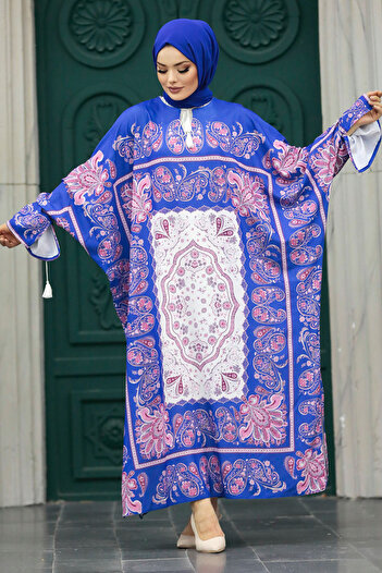 Neva Style Ethnic Patterned Indigo Blue Hijab Tunic 20512ım