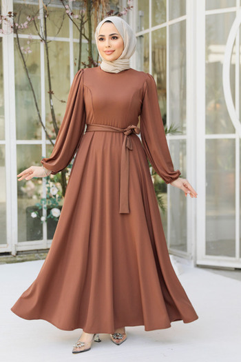 Neva Style Φόρεμα Hijab Καφέ Ζώνη 23101KH