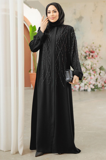 Neva Style Bead Embroidered Black Hijab Ferace 29102S
