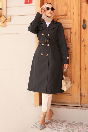 Neva Style Black Hijab Trench Coat - Belted, Model 60500s