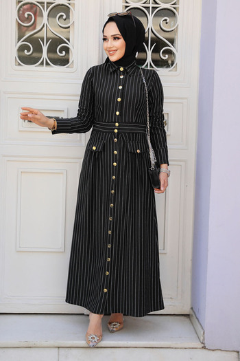 Neva Style Ριγέ Μαύρο Φόρεμα Hijab 23051S