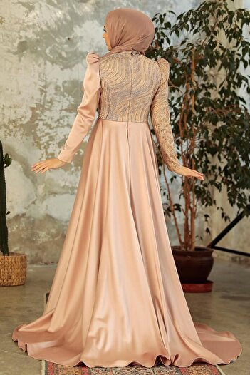 Neva Style Kuyruklu Gold Saten Tesettür Abiye 22924gold