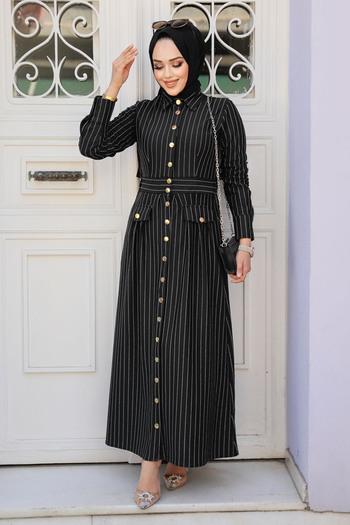 Neva Style Ριγέ Μαύρο Φόρεμα Hijab 23051S