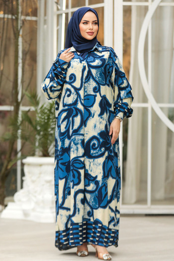 Neva Style Floral Patterned Indigo Blue Hijab Dress 23171IM