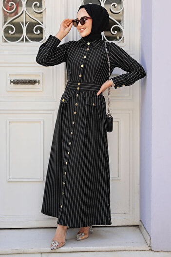 Neva Style Ριγέ Μαύρο Φόρεμα Hijab 23051S