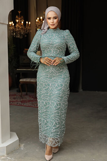 Neva Style Beaded Green Hijab Evening Dress 52056Cy