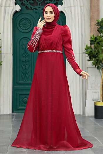 Neva Style Beaded Burgundy Hijab Evening Dress 25854Br