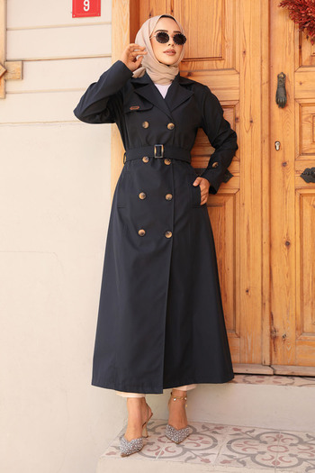 Neva Style Navy Blue Belted Hijab Trench Coat - 61500l