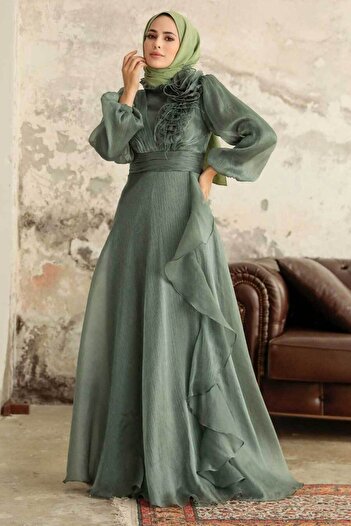 Neva Style Çiçek Detaylı Çağla Yeşili Tesettür Abiye Elbise 22321cy