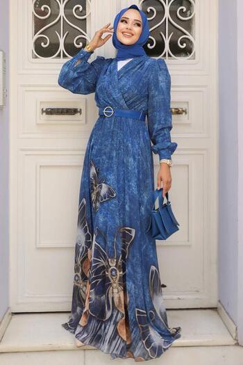 Neva Style Patterned Sax Blue Hijab Evening Dress 39211Sx