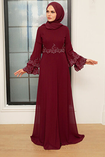 Neva Style Βραδινό φόρεμα με χάντρες μπορντό Hijab 9181br