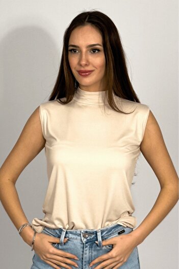 Betimoda Women's Zero Sleeve Half Turtleneck Body 1 Piece Light Beige