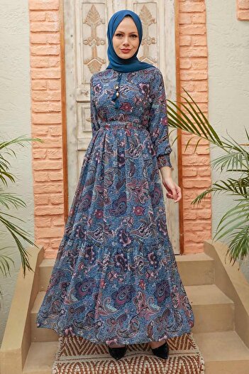 Neva Style Desenli Indigo Mavisi Tesettür Elbise 3356ım